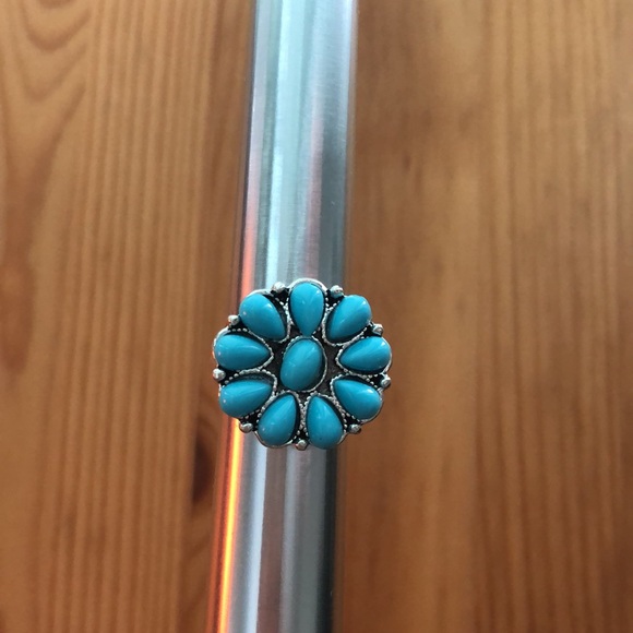 Turquoise + Silver Boho Flower Statement Ring - Picture 2 of 7